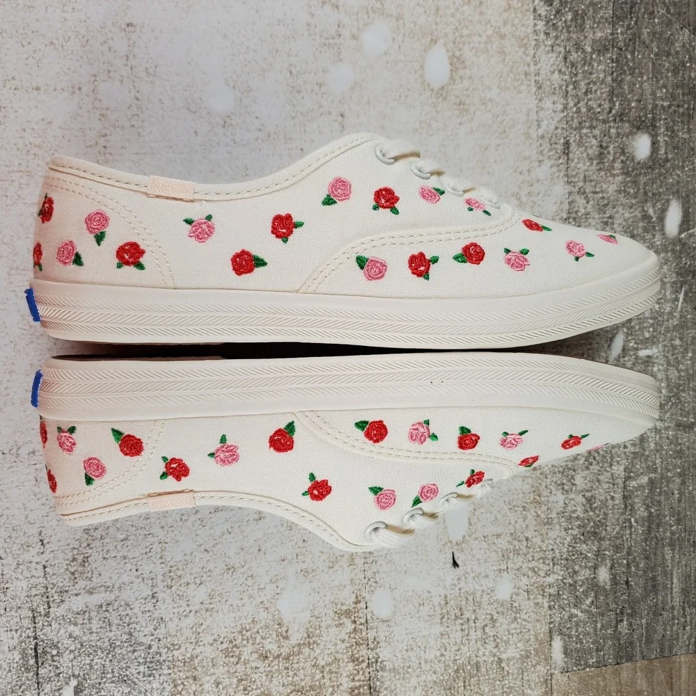 Keds Champion Womens Shoes Sz 5 M Off White Canvas Rose Embroidery Sneakers
